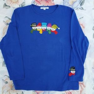 Mercer Street Studio Christmas T-Shirt Bright Blue with 5 Snowmen LS LARGE